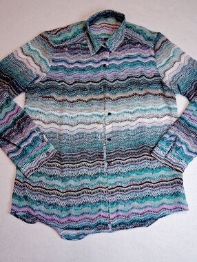 Women’s Multi-Stripe Wave Knit Button-Down Sheer Shirt - Teal & Purple